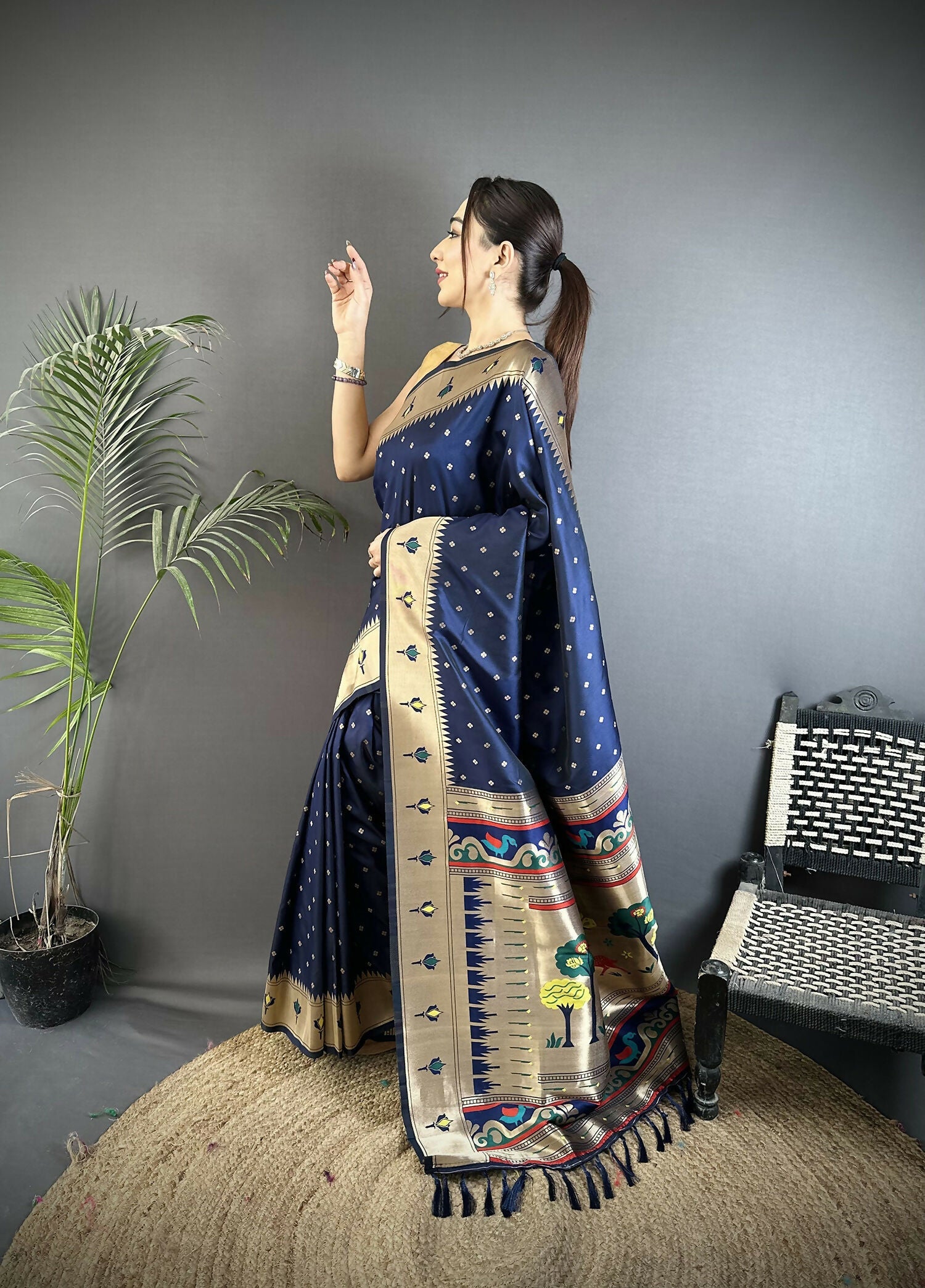 Joban Fashion Dark Blue Peacock & Floral Motifs Soft Lichi Silk Kanchipuram Saree - Distacart