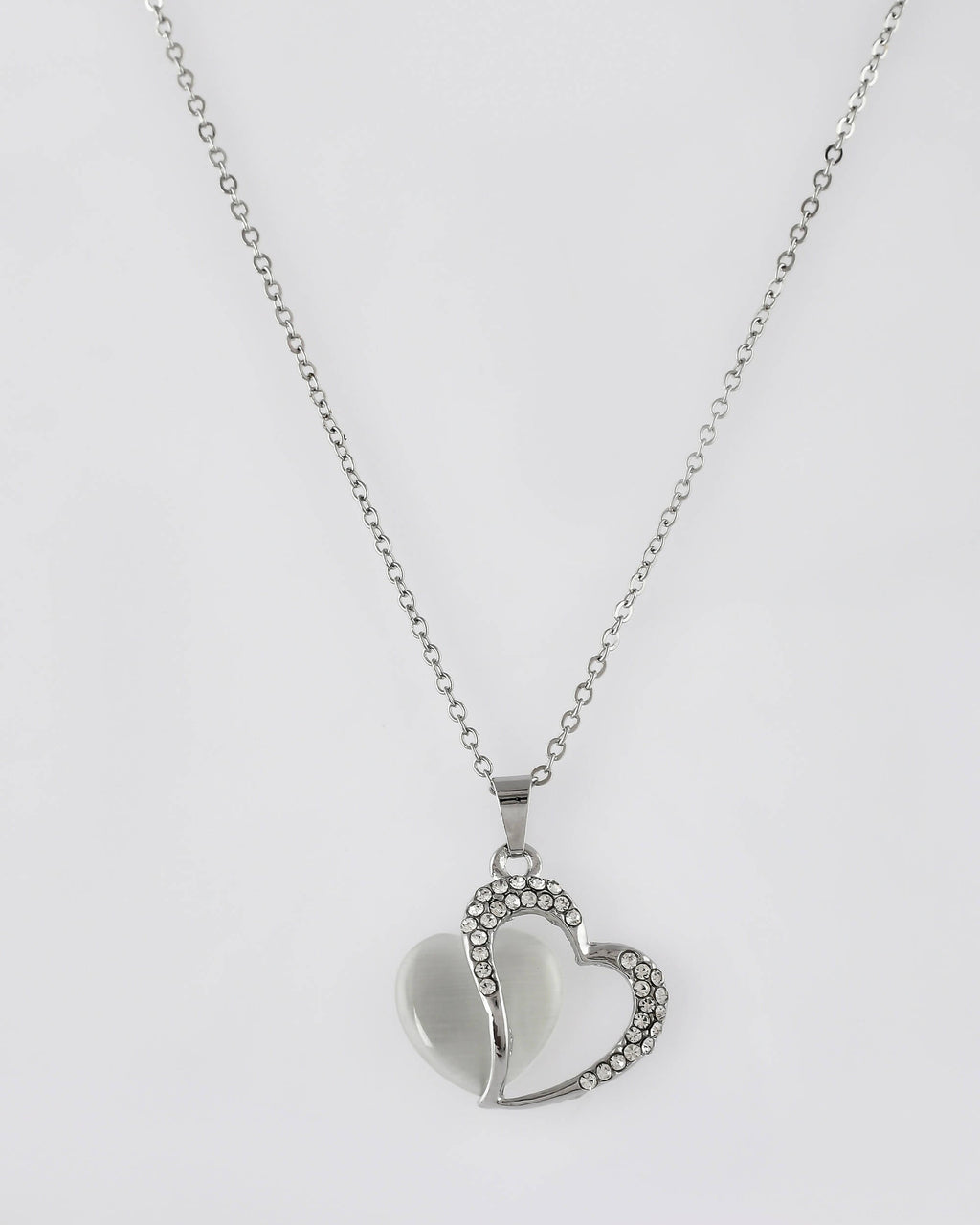 VOJ Women Stainless Steel Sliver-Plated Beads Chain with Double Heart-Shape Pendant