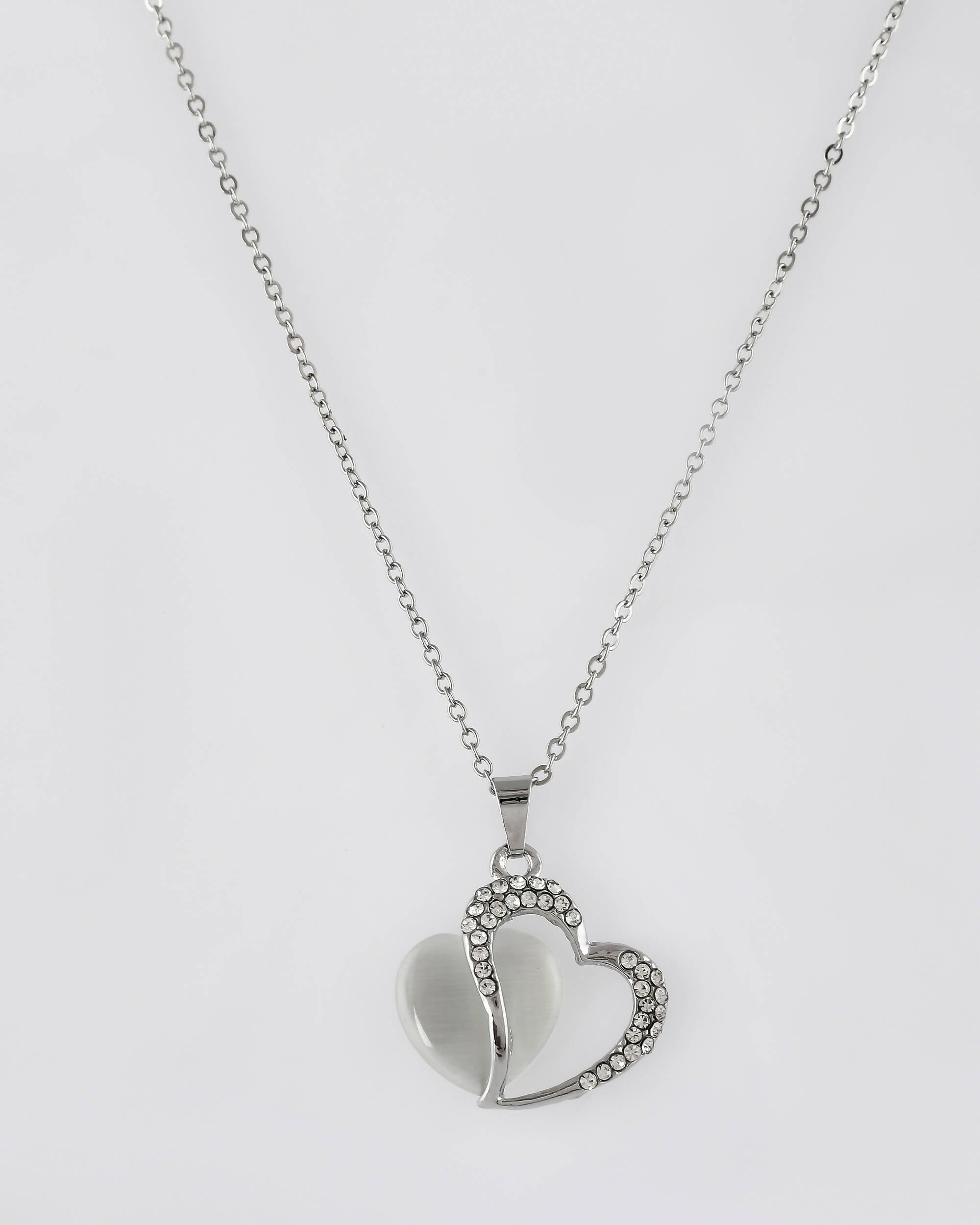 VOJ Women Stainless Steel Sliver-Plated Beads Chain with Double Heart-Shape Pendant