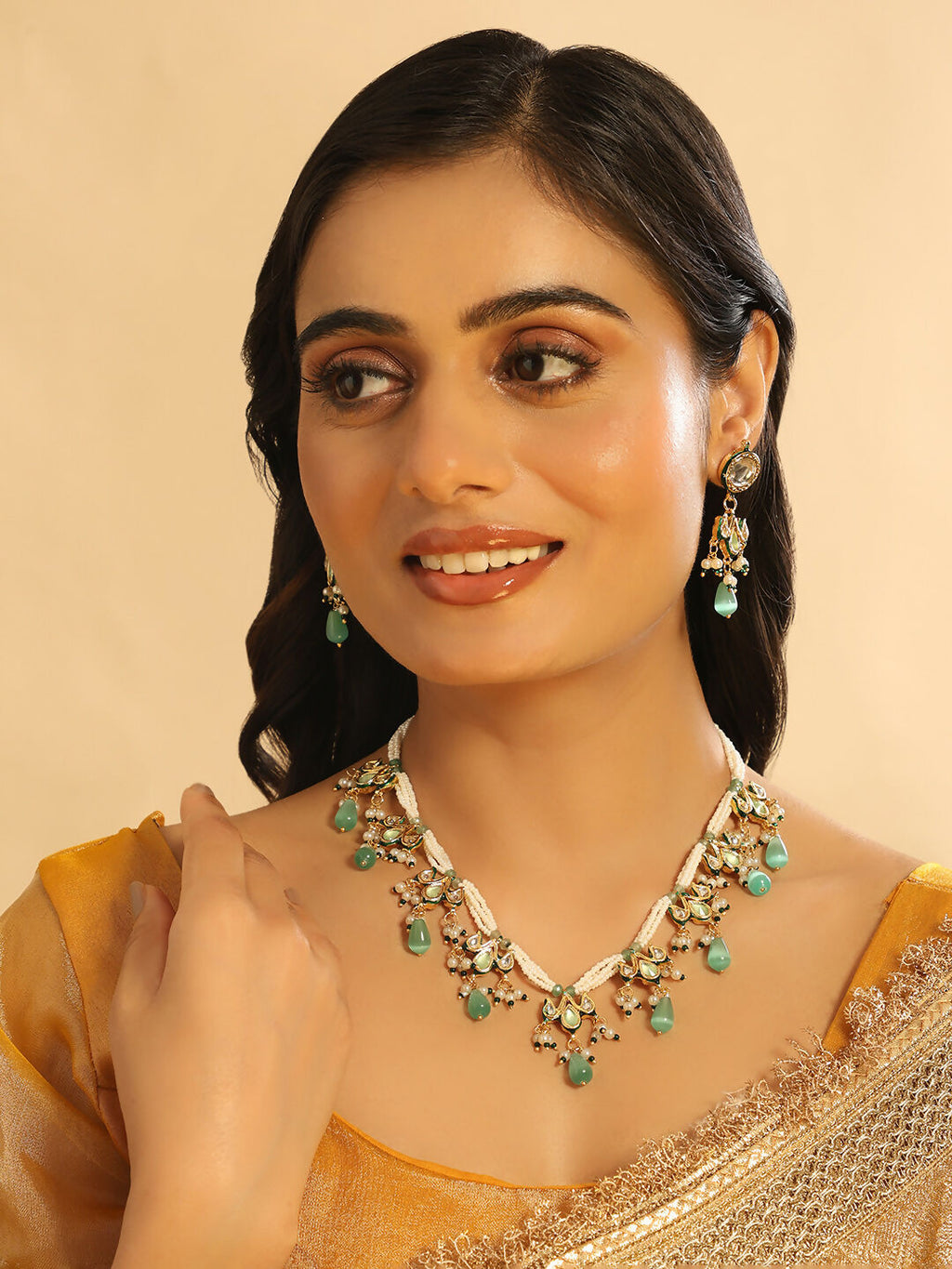 Nuyug 22K Gold Plated Pearl Empress Flora Green Stone Drops Necklace Set