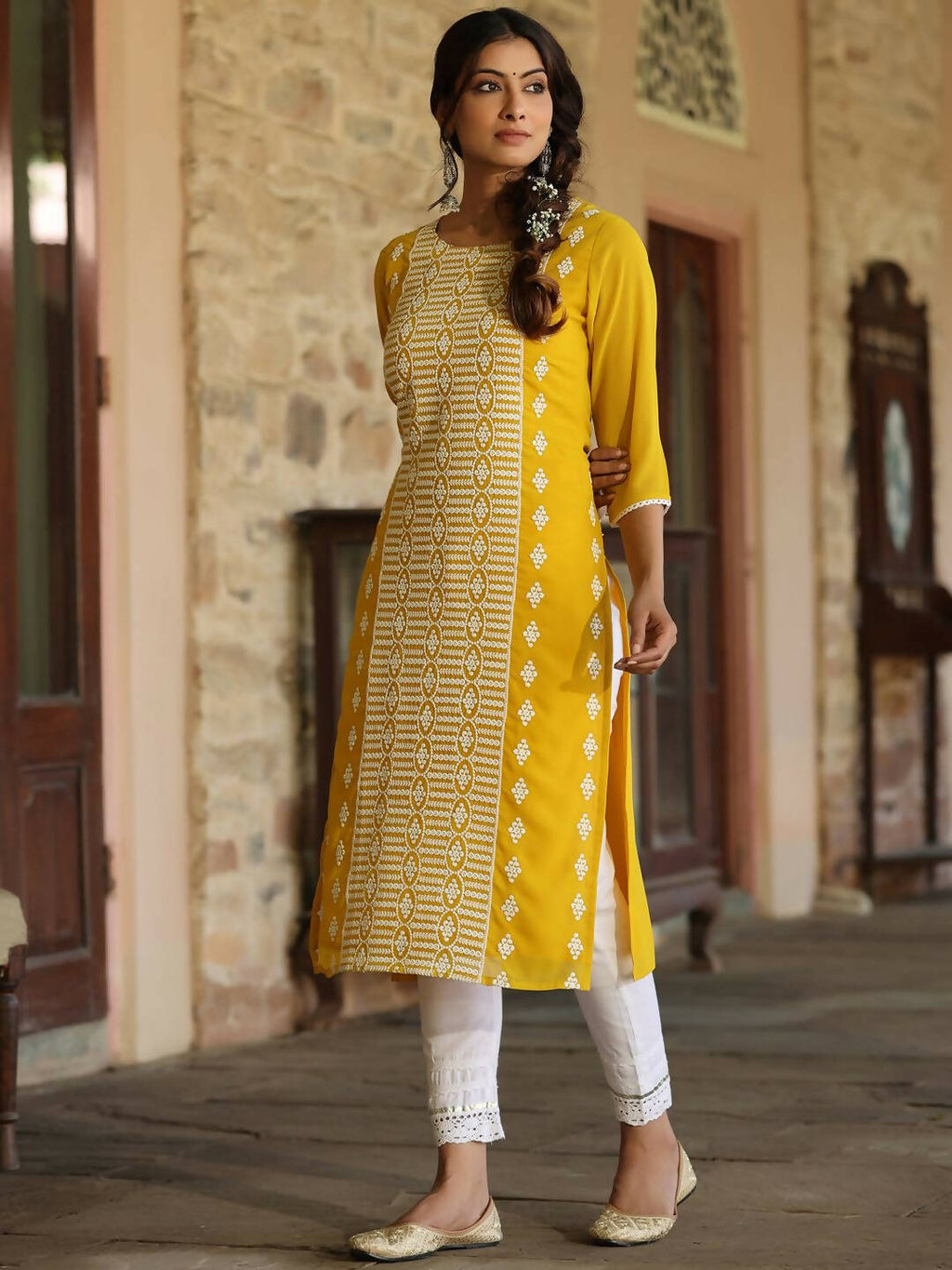 Juniper Women's Yellow Georgette Printed Kurta - Distacart