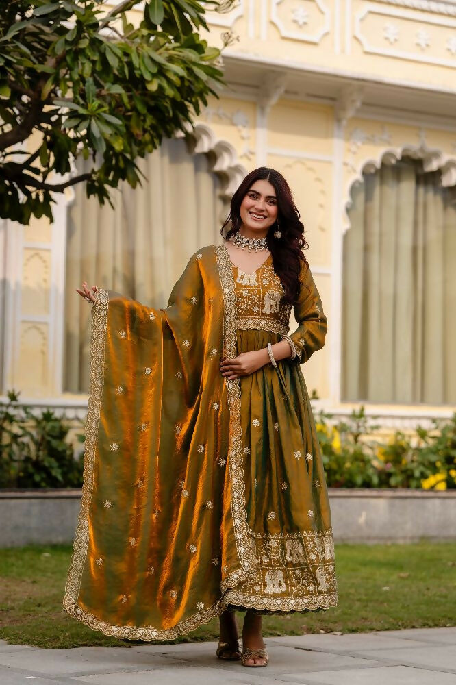 Teeya Creation Mehendi Primium Fendy Satin Silk Embroidery Work Wedding Wear Gown - Distacart