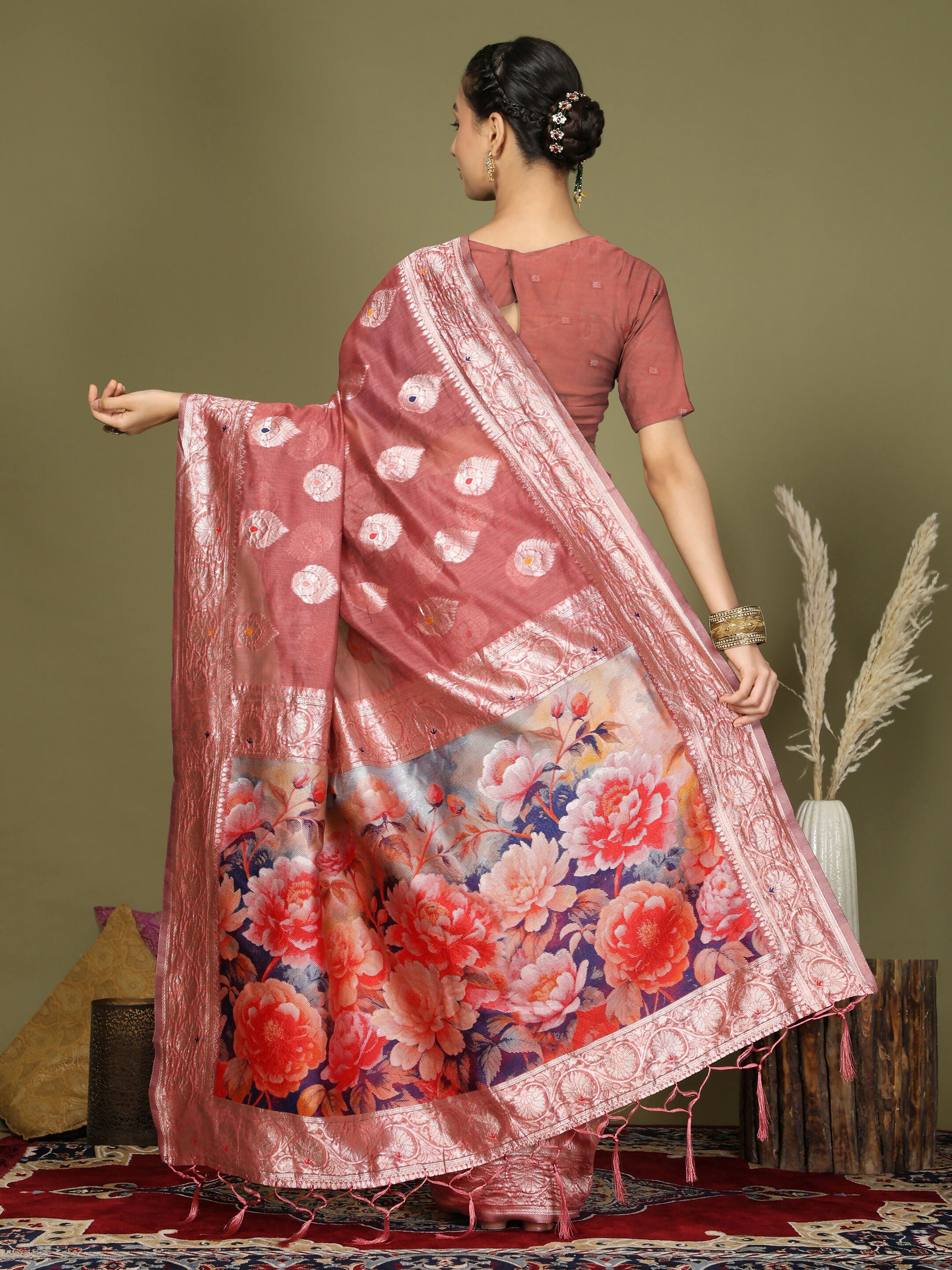 Shree Shyam Fashion Linen Cotton Rust Saree - Distacart