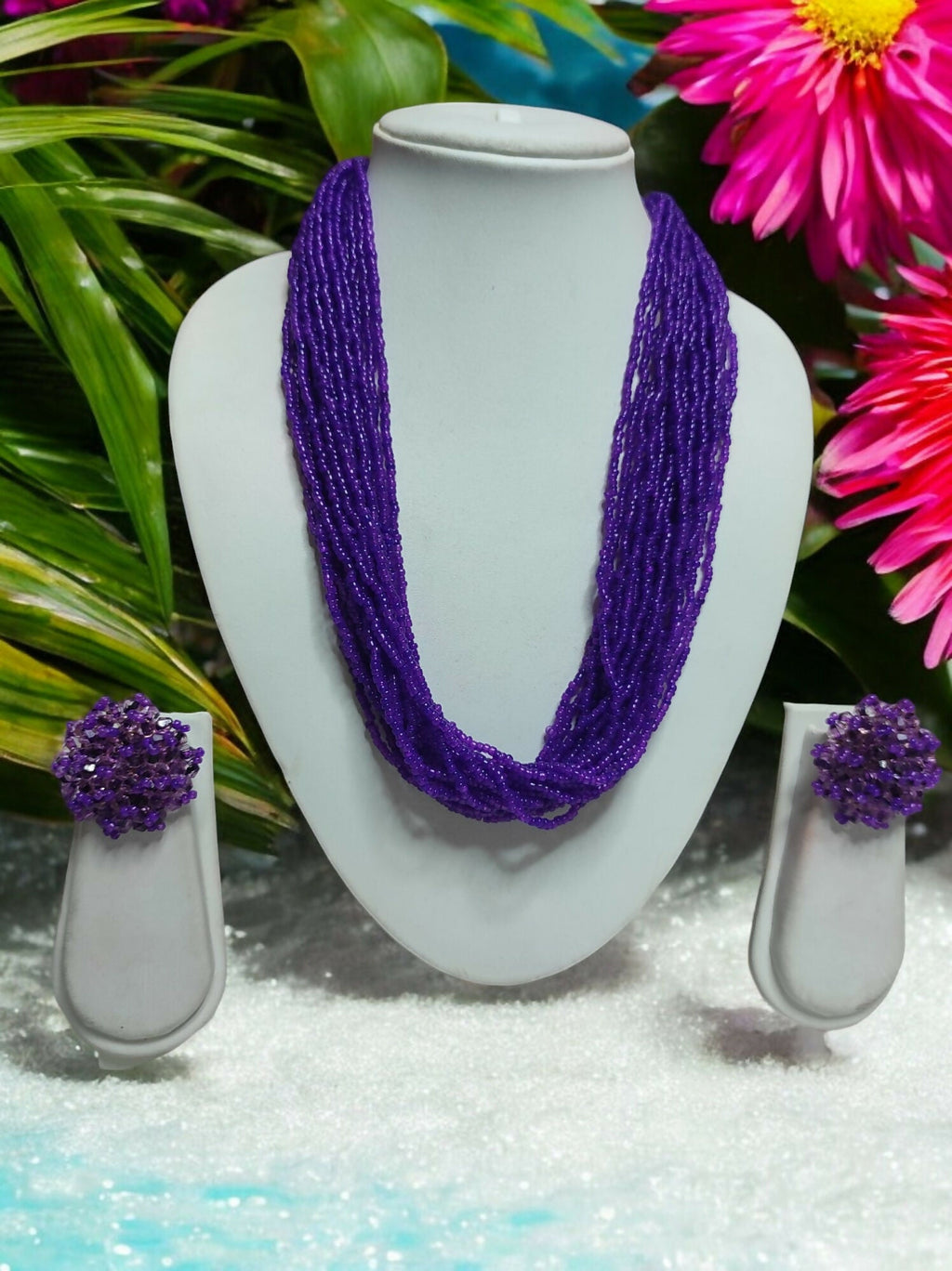 Inhanns Vibrant Handmade 20 Layers Beaded Necklace With Matching Earrings - Purple
