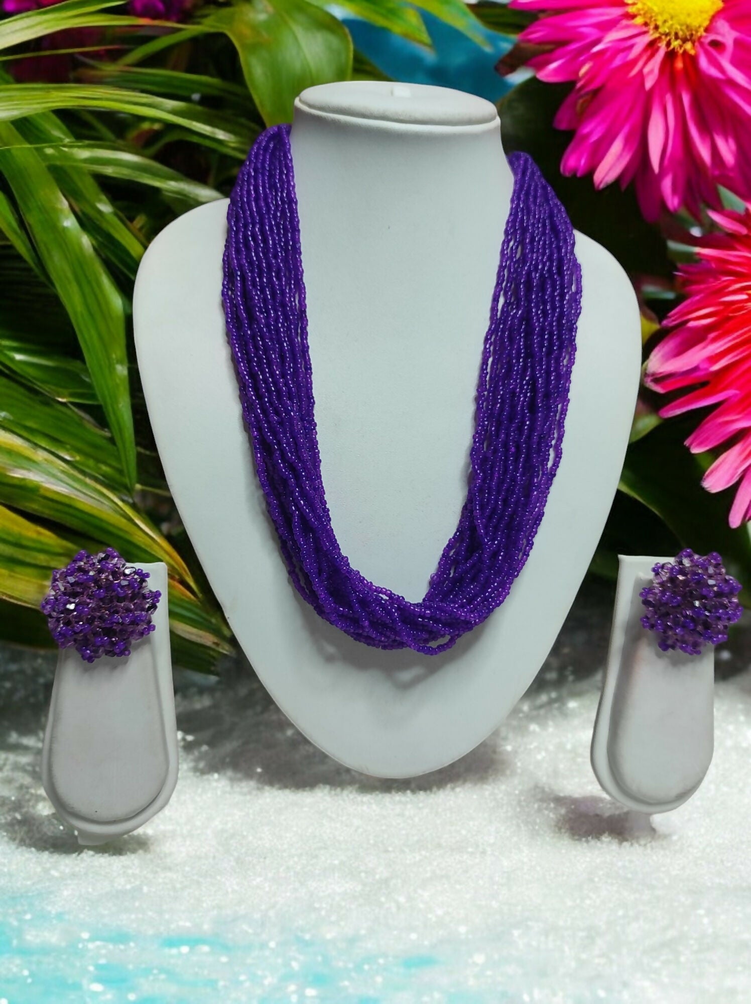 Inhanns Vibrant Handmade 20 Layers Beaded Necklace With Matching Earrings - Purple