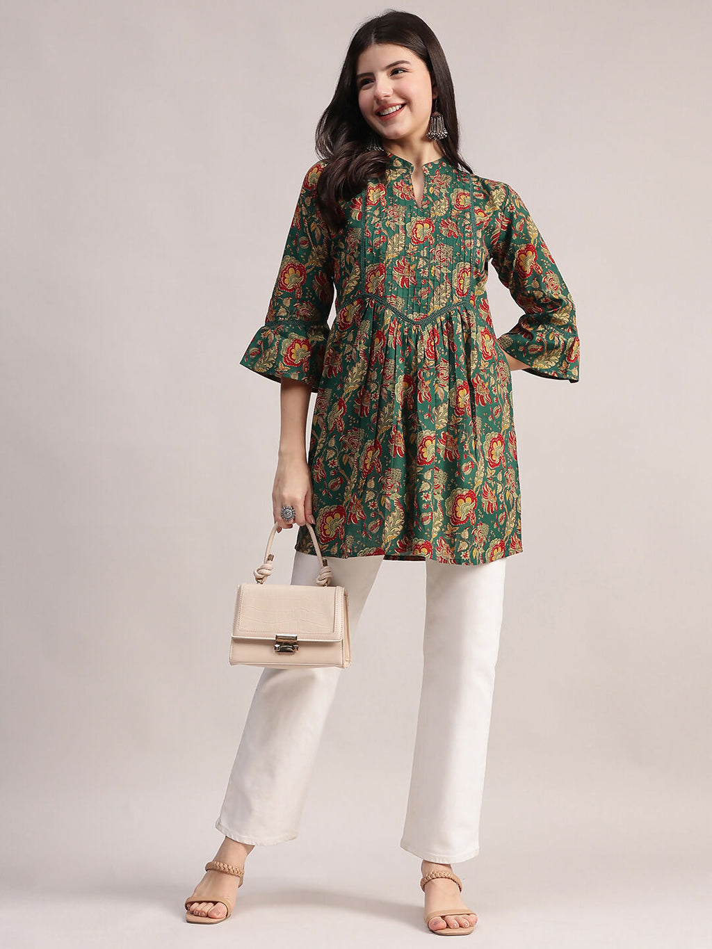 Aavyora Women's Ethnic Floral Printed Tunic - Green with Red & Gold Accents, Pin-Tucked Front, and Flared Hem