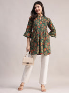 Aavyora Women's Ethnic Floral Printed Tunic - Green with Red & Gold Accents, Pin-Tucked Front, and Flared Hem