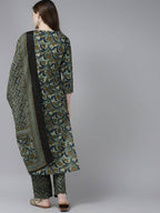 Yufta Women Olive Green Floral Yoke Design Pure Cotton Kurta with Palazzo and Dupatta