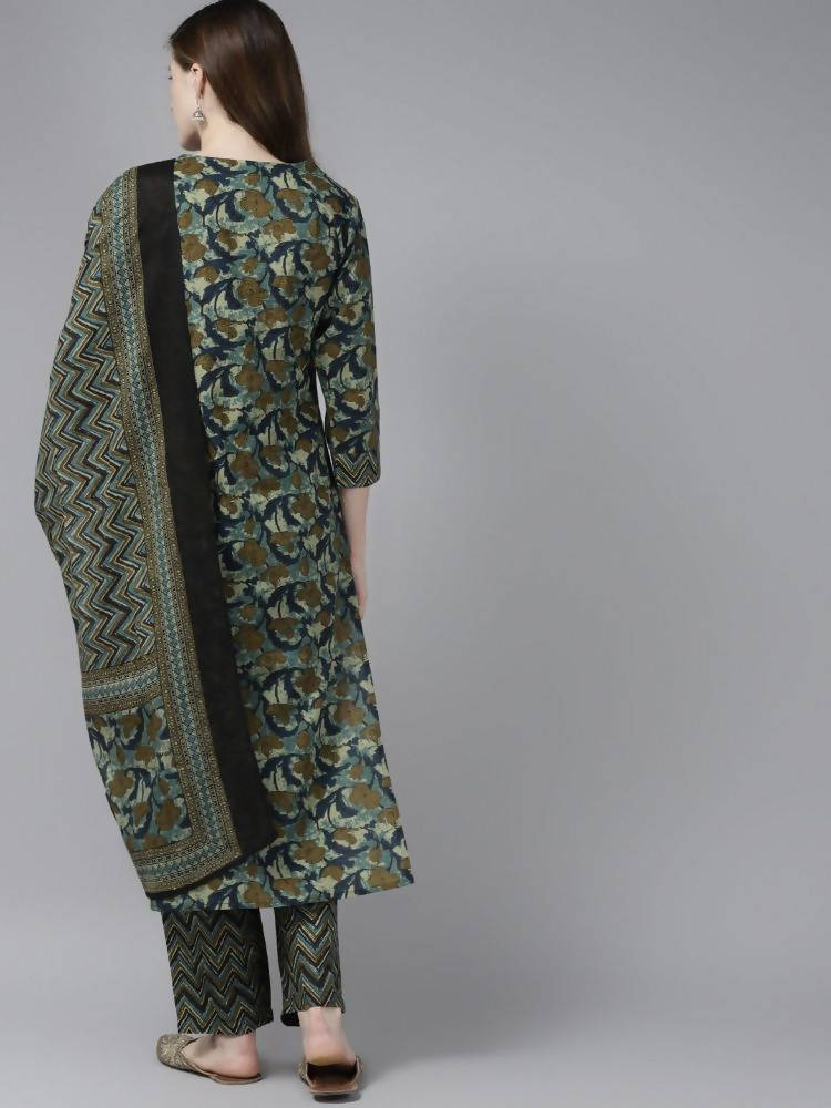 Yufta Women Olive Green Floral Yoke Design Pure Cotton Kurta with Palazzo and Dupatta