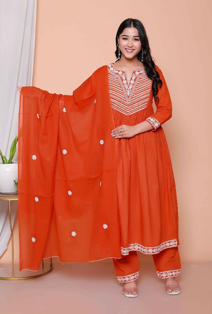 Miravan Womens Floral Embroidered Rust Straight Cotton Kurta & Palazzo With Dupatta Set - Distacart
