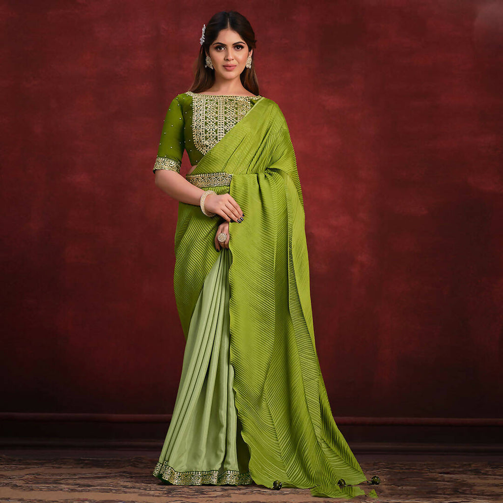 Green Crepe Silk Georgette Zari & Stone Work/ Texture Pallu Saree - Mohmanthan Kimiya