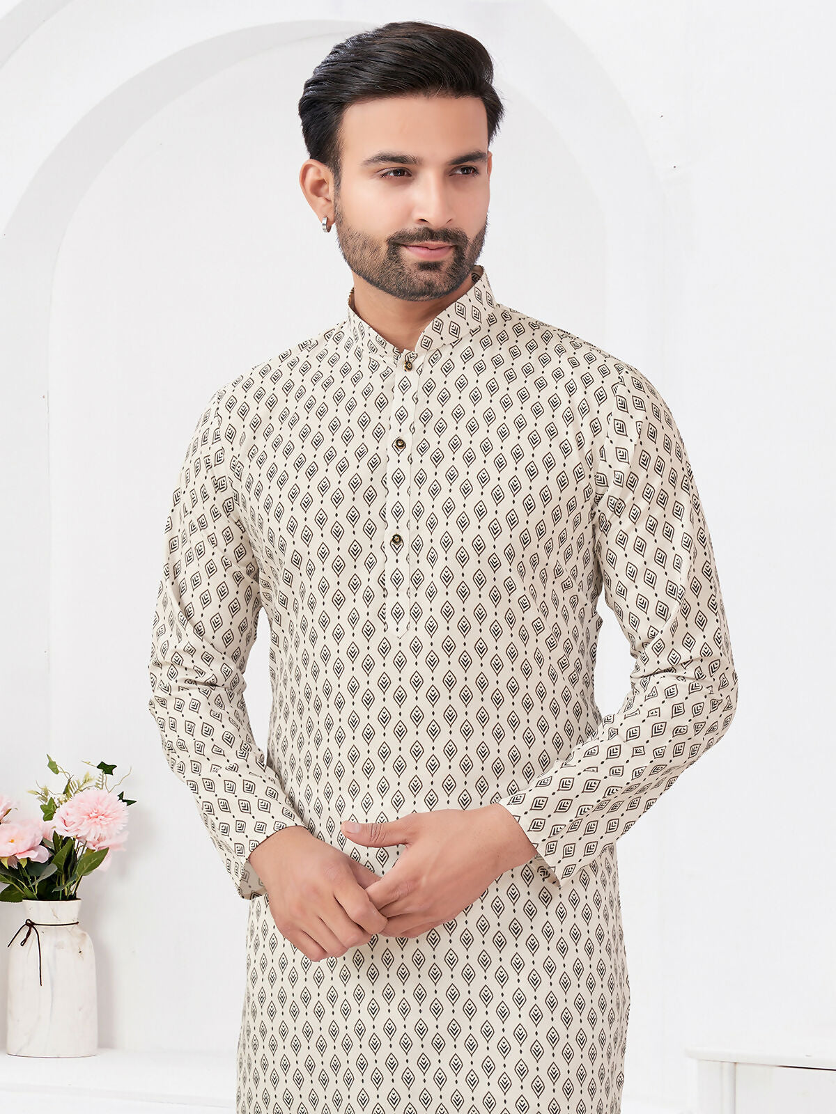 Joban Fashion Men's Rayon Cotton Cream Printed Kurta Pyjama set