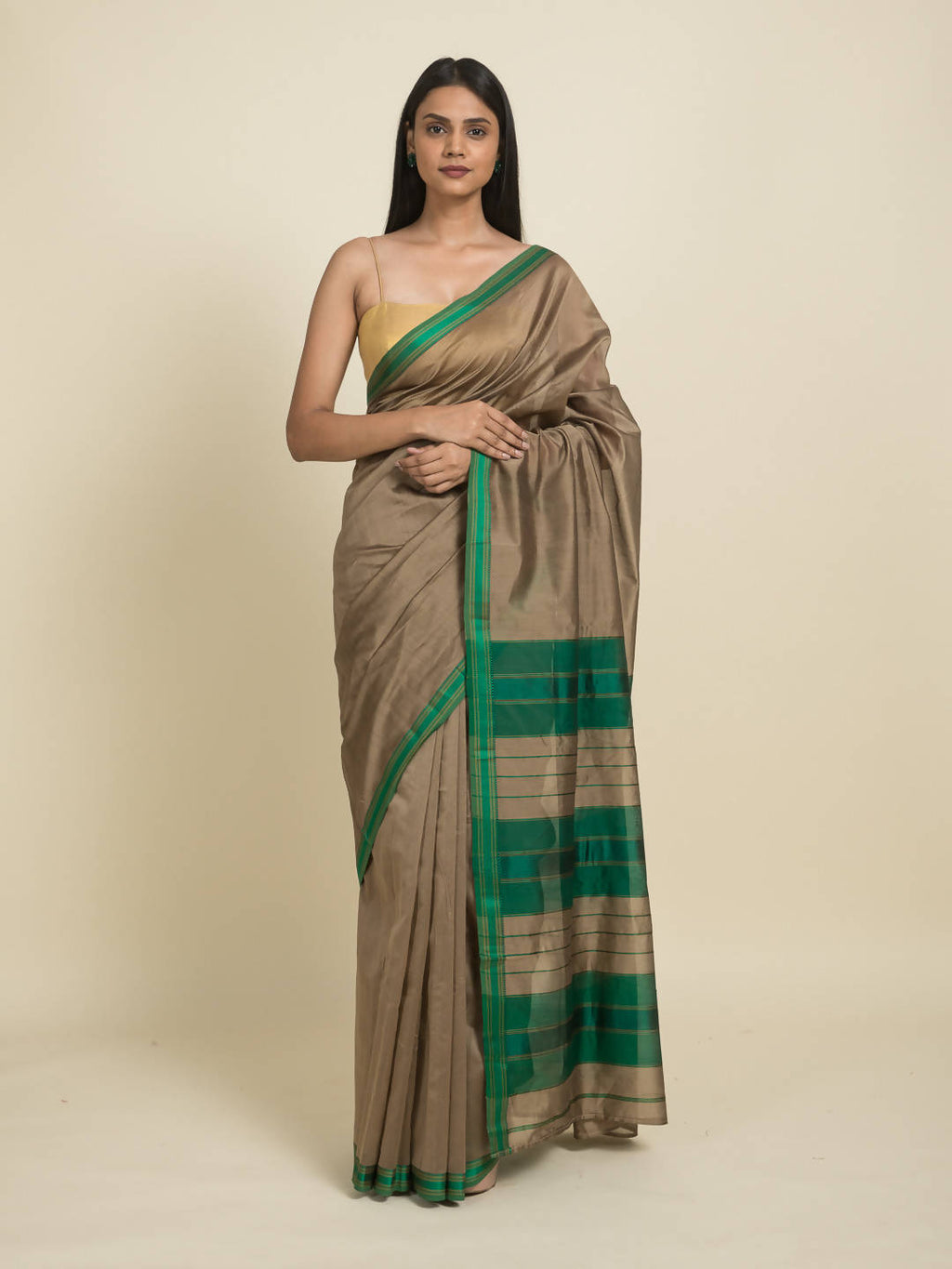 Suta Brown Green Zari Silk Cotton Maheshwari Saree - Distacart
