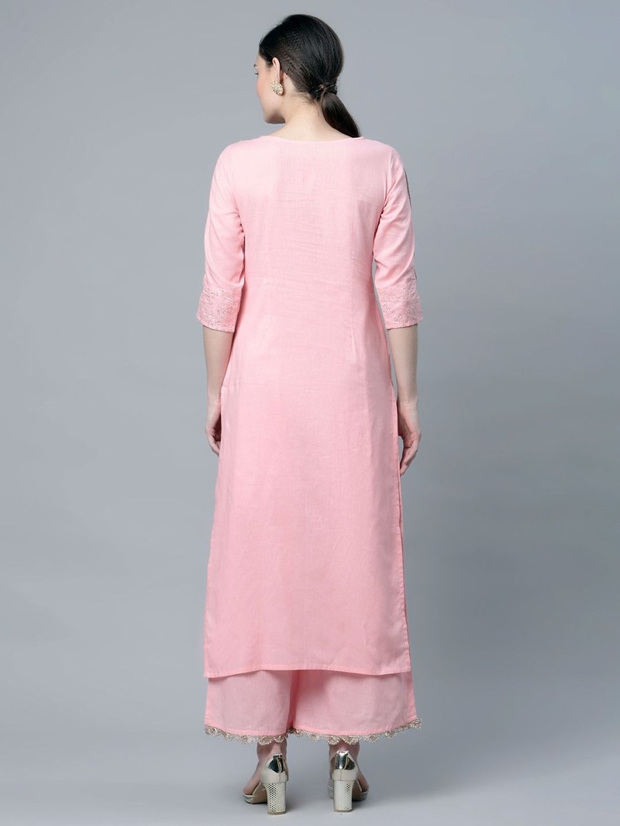 Ahalyaa Women's Baby Pink Pure Cotton Printed Kurta Palazzo Set