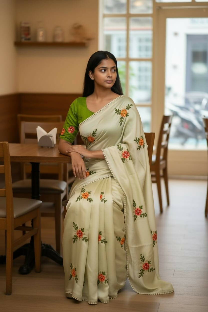 Teeya Creation Cream Rangoli Silk Embroidery Work Party Wear Designer Saree - Distacart