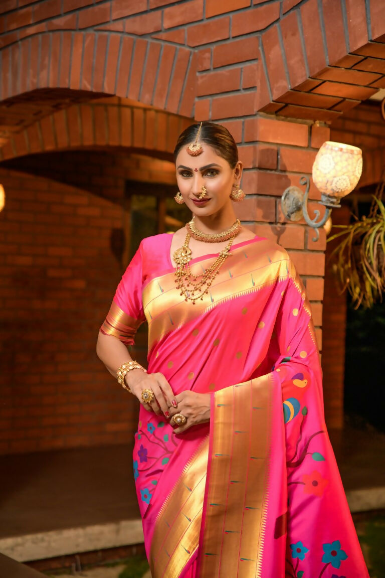 Jyoti Fashion Women's Baby Pink Paithani Silk Zari Woven Saree with Blouse