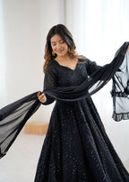 The52 Women's Gorgeous Embroidery Fox Georgette Fabric Flared Anarkali Pant and Dupatta Set - Distacart