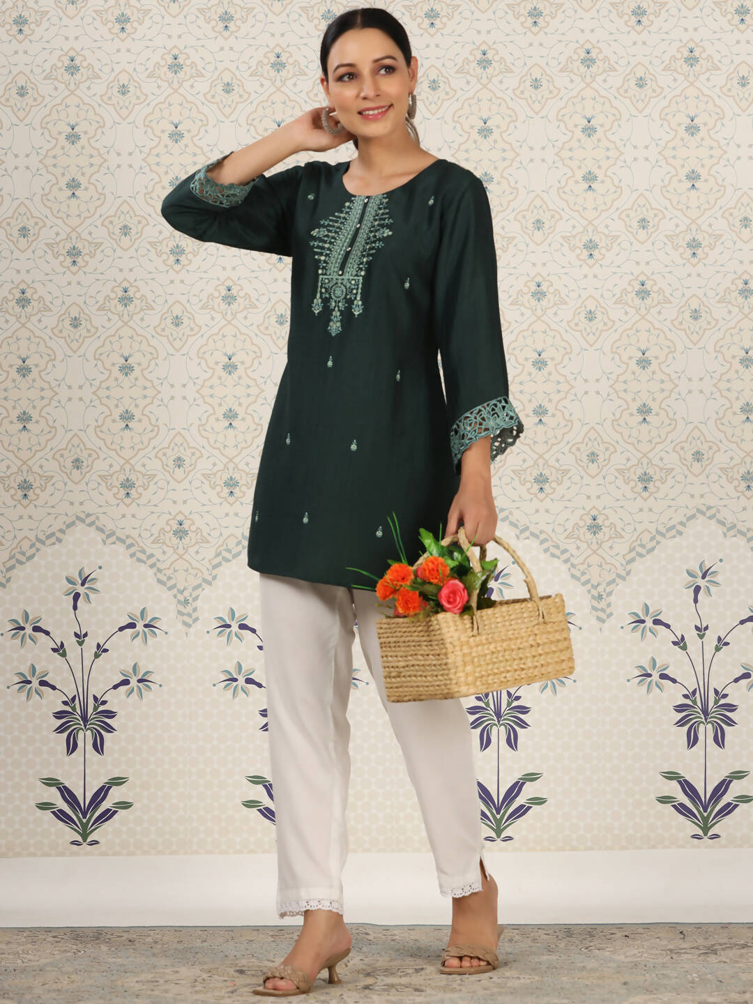 Dark Green Chinon Embroidered Straight Top - Zeny