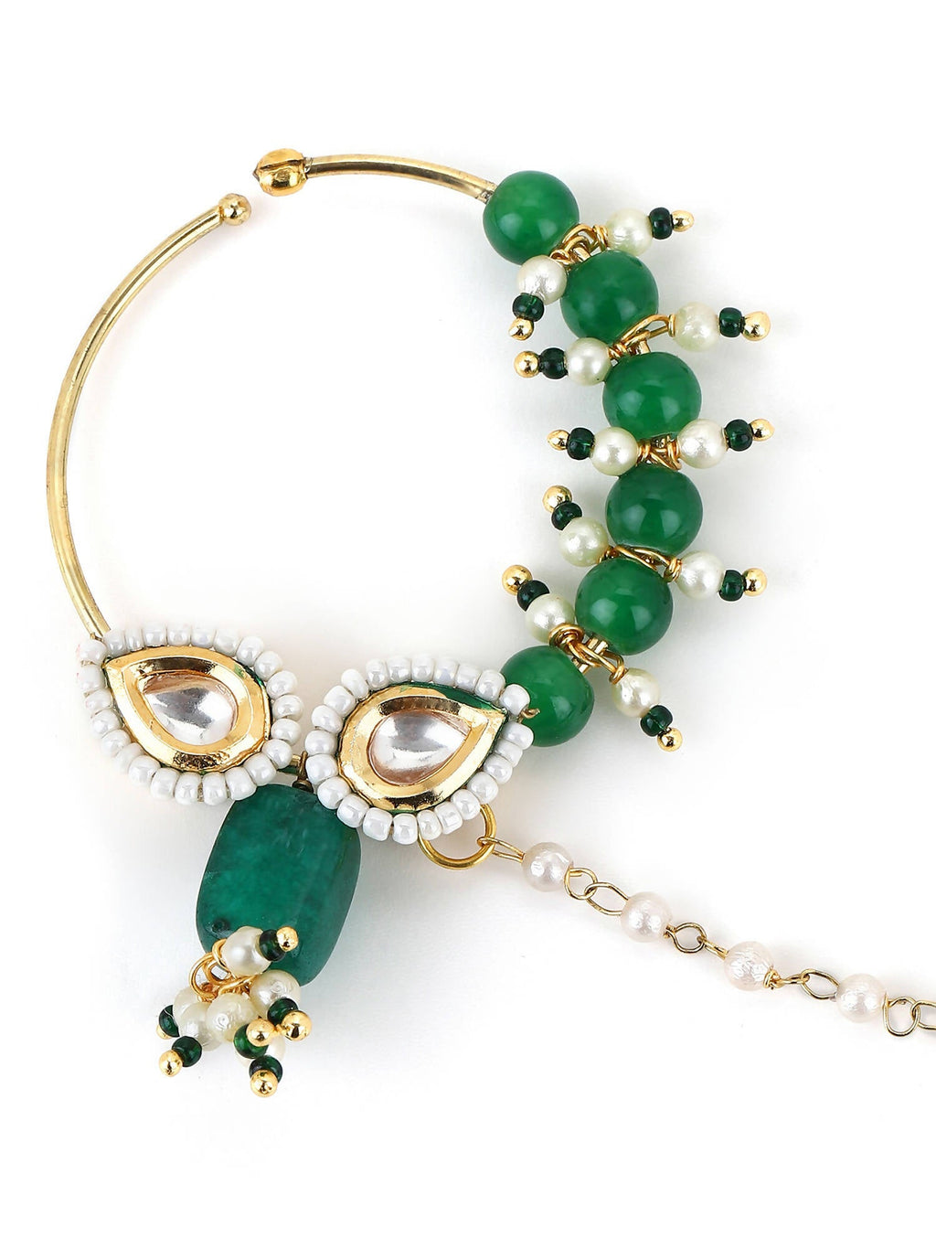 Gold Plated White Green Kundan Studded Beaded Chain Nose Pin - Ruby Raang - Distacart