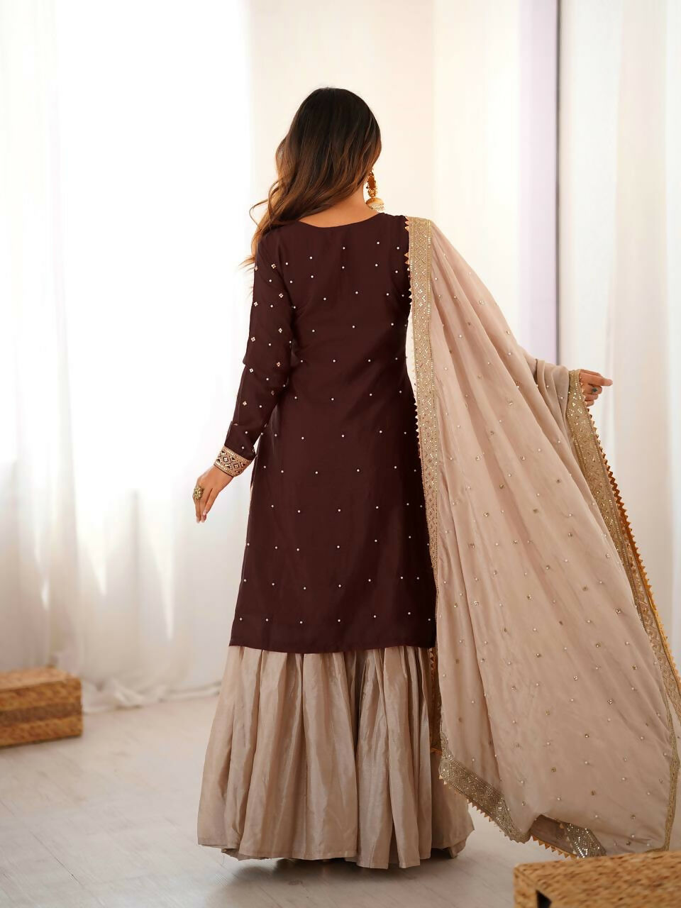 Lehenga Mart Designer Sharara Suit With Kurta, Sharara, Dupatta For Women-Brown - Distacart