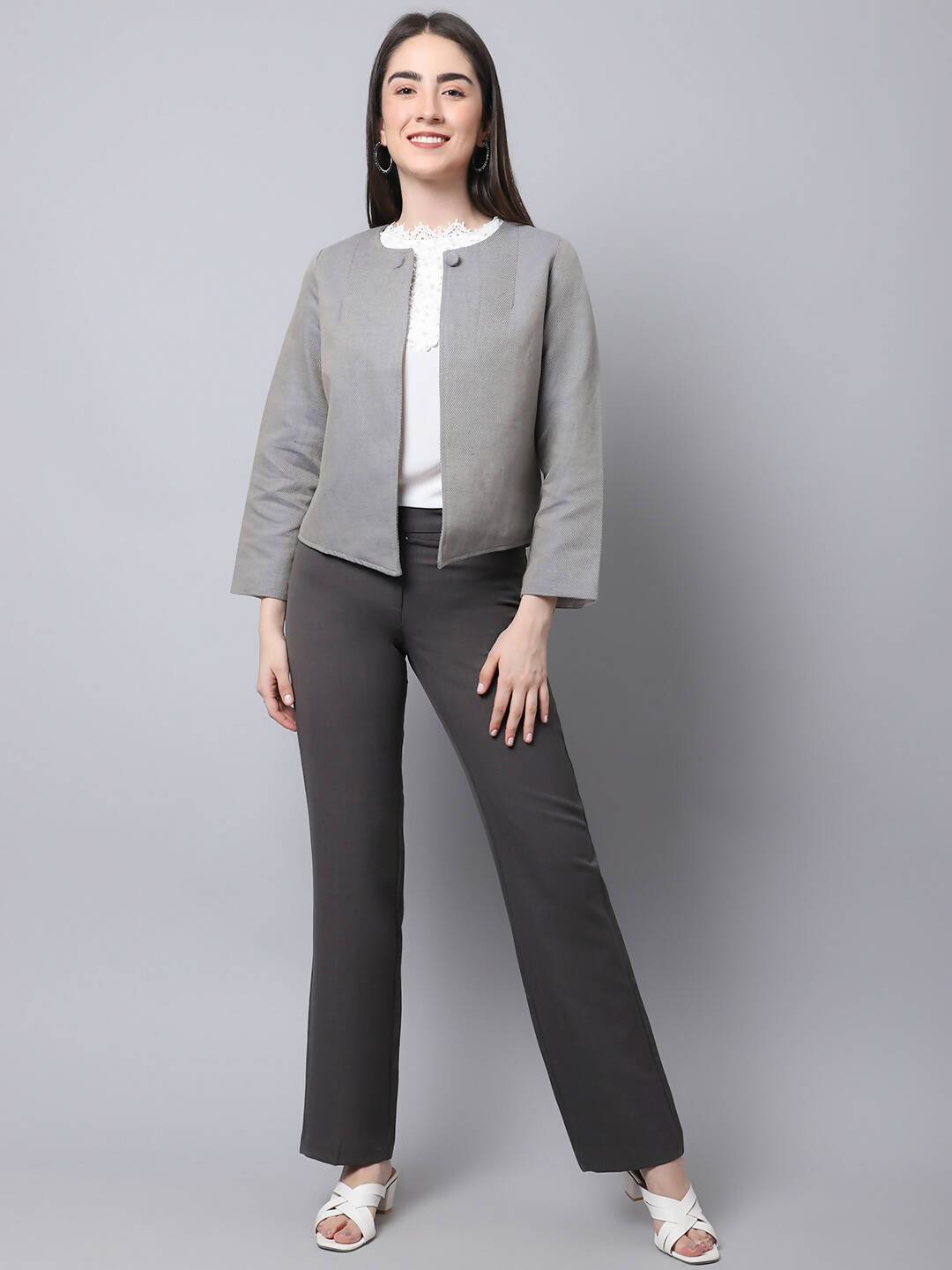 Even Apparels Grey Polywool Open Front Statement Women's Jacket (BF006)