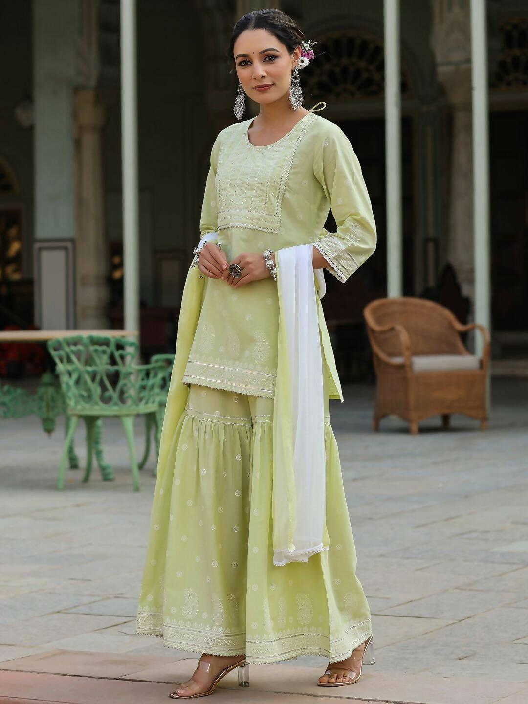 Juniper Women's Lime Green Cambric Floral Print Kurta Sharara Sets - Distacart