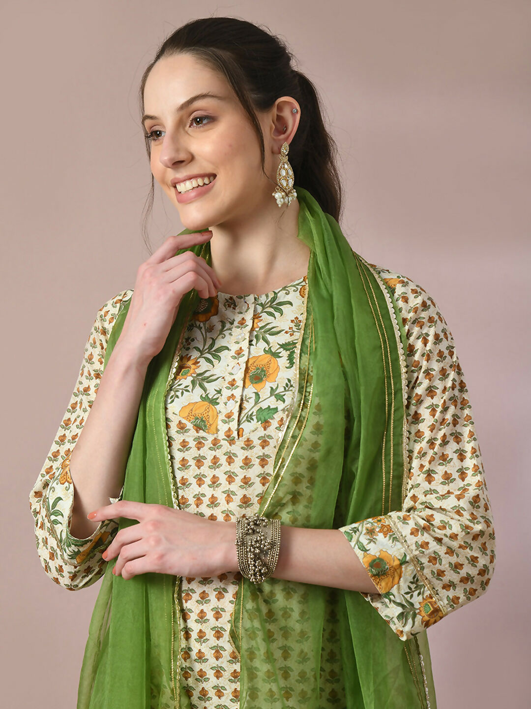 Myshka Women's Multi Printed Cotton Straight Party Kurta Set With Dupatta