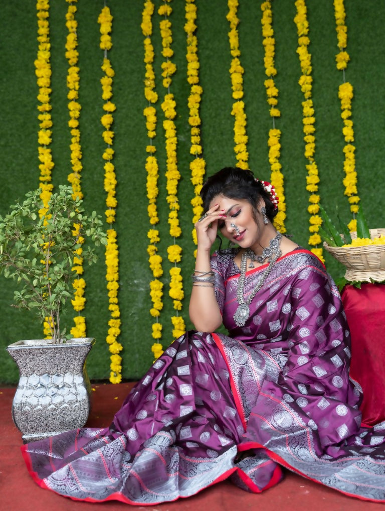 Jyoti Fashion Women's Wine Soft Handloom Silk Zari Woven Saree with Blouse