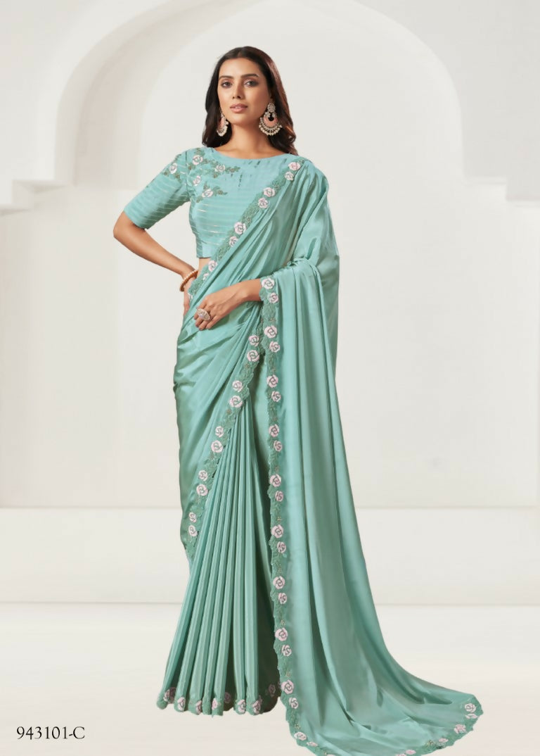 Sea Green Silk Crepe Cord Embroidered With Sequence Work Saree - Norita Nirali