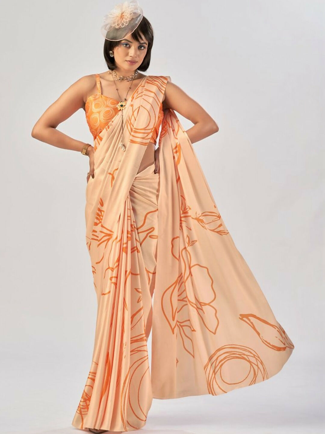 Vastranavya Orange Satin Silk Elegant Printed Saree with Unstitched Blouse - Distacart