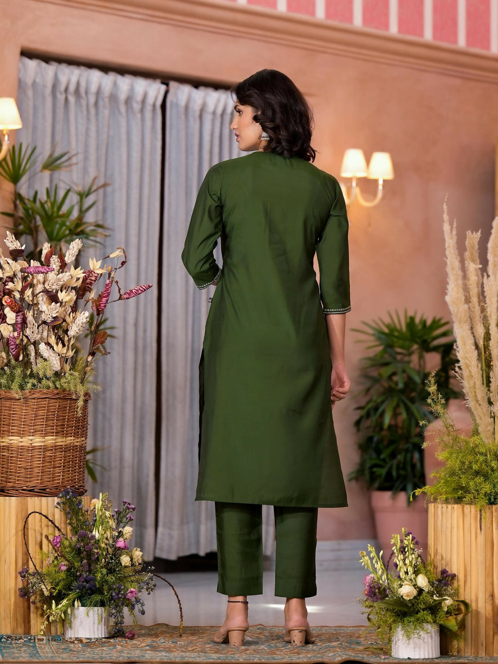 Juniper Women's Green Zari Embroidered Viscose Kurta Pant And Dupatta Set With Tassels On Dupatta