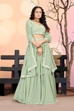 Jyoti Fashion Sea Green Two Tier Crush Georgette Lehenga Choli with Dupatta