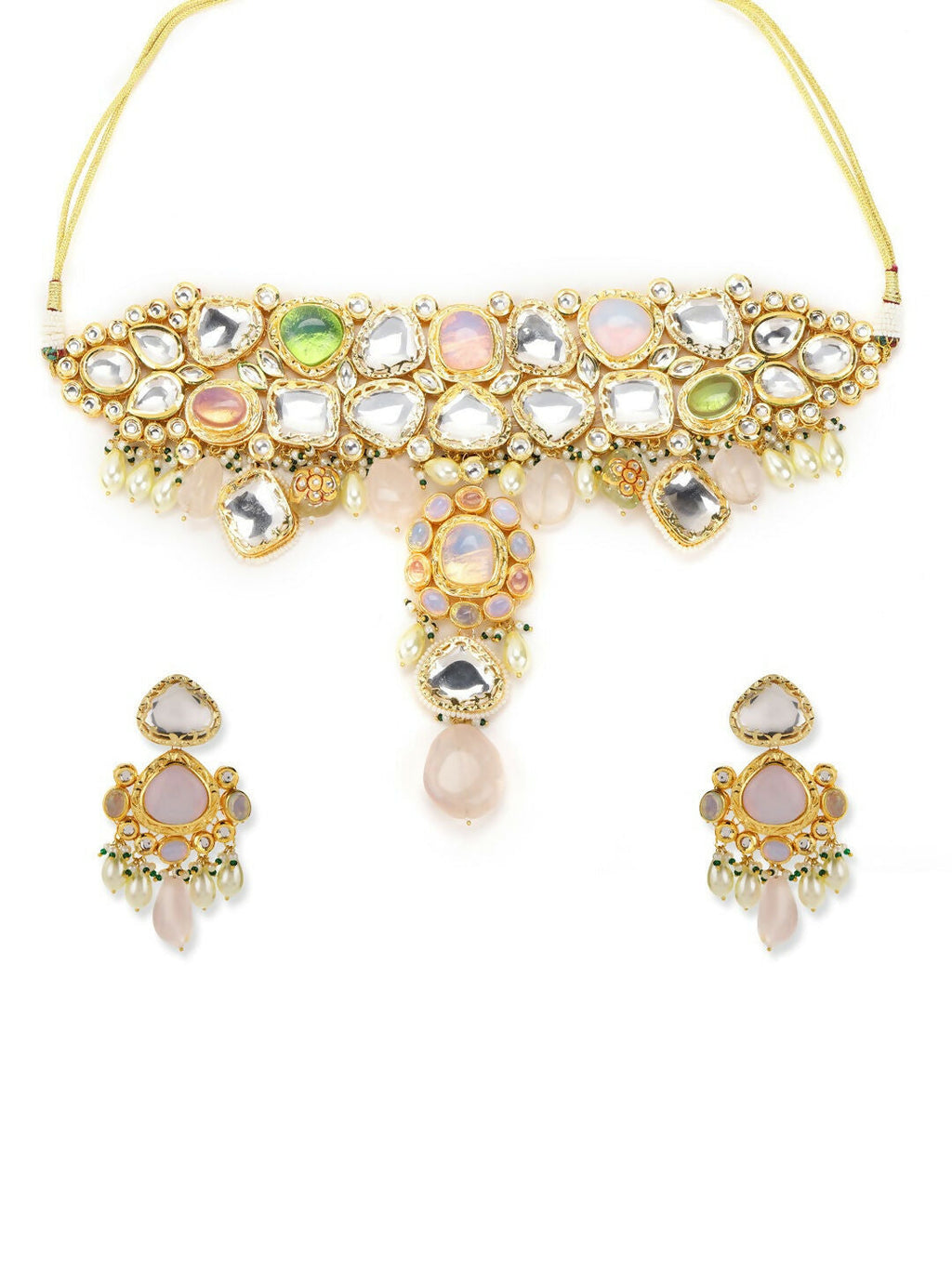 Multi Stone Maharani Kundan Neckpiece with Earrings and Maang Tikka- Ruby Raang