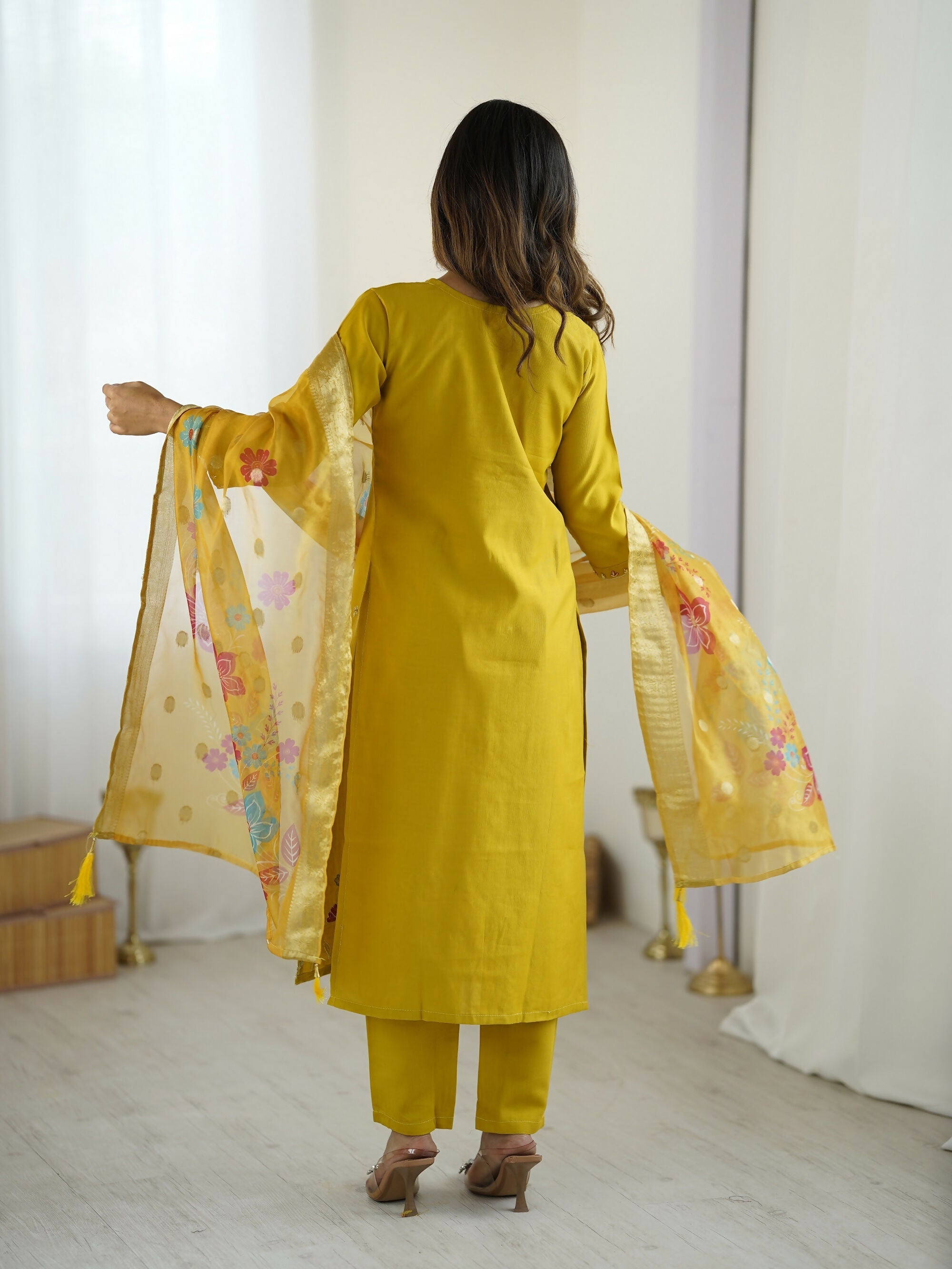 The52 Yellow Women's Gorgeous Embroidered work Viscose Gadhwal Fabric Straight Kurta, Pant and Dupatta Set - Distacart