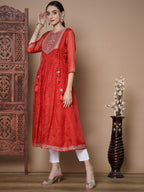 Myshka Women's Red Anarkali Kurta & With Dupatta