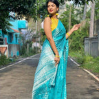 DEIANA'S Beautiful Designer Golden zari Soft Lichi Silk Saree - Sky