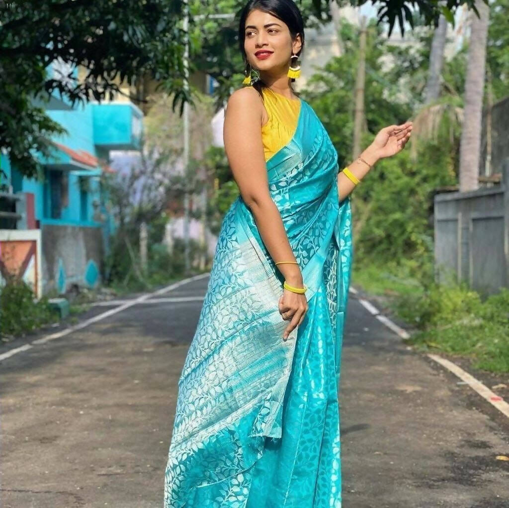 DEIANA'S Beautiful Designer Golden zari Soft Lichi Silk Saree - Sky