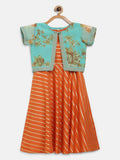 Ahalyaa Orange Crepe Gold Stripped Printed Kids Dress With Jacket For Girls