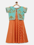 Ahalyaa Orange Crepe Gold Stripped Printed Kids Dress With Jacket For Girls
