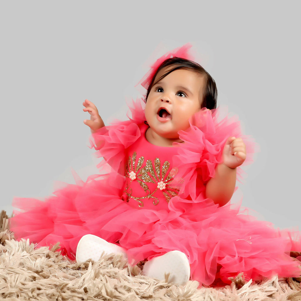 Pink Cow Fashions Pink Gown With Frill Sleeves & Ghera