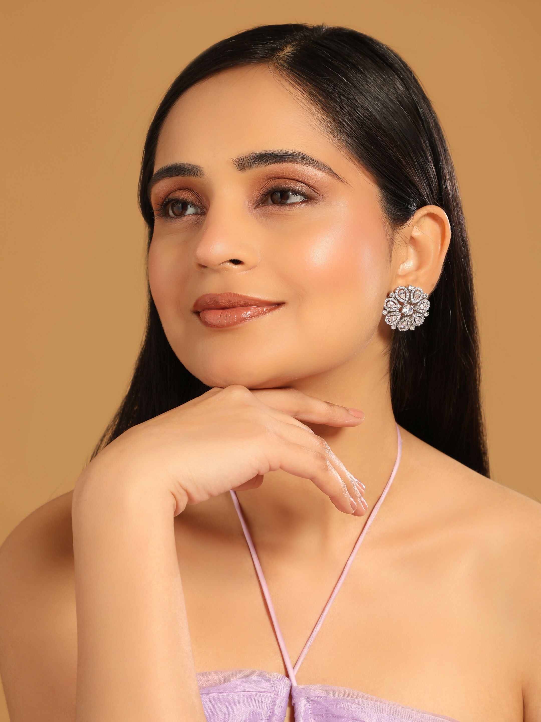 Nuyug Rhodium-Plated Zircon Studded Floral Statement Stud Earrings - Distacart