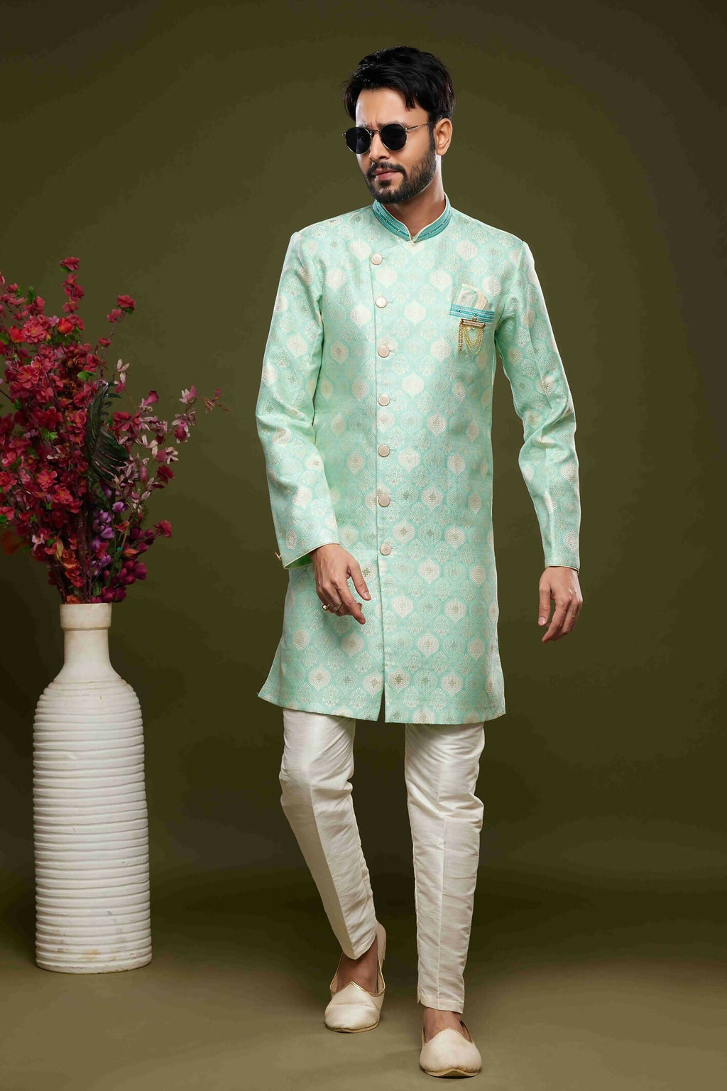 Raivat Ethnic Banarasi Jacquard Embroidery Semi Indo Western Sherwani In Pista Green Colour