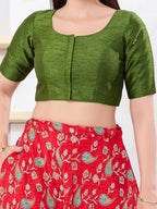 Joban Fashion Mehendi-Green Dupion Silk Elbow Sleeveless Front Open Blouse