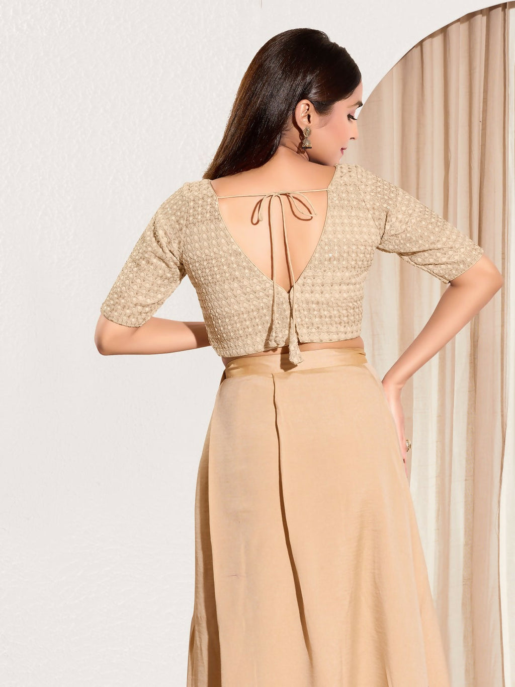 Joban Fashion Gold Crochet Padded Blouse With V Neck Elbow Sleeves - Distacart