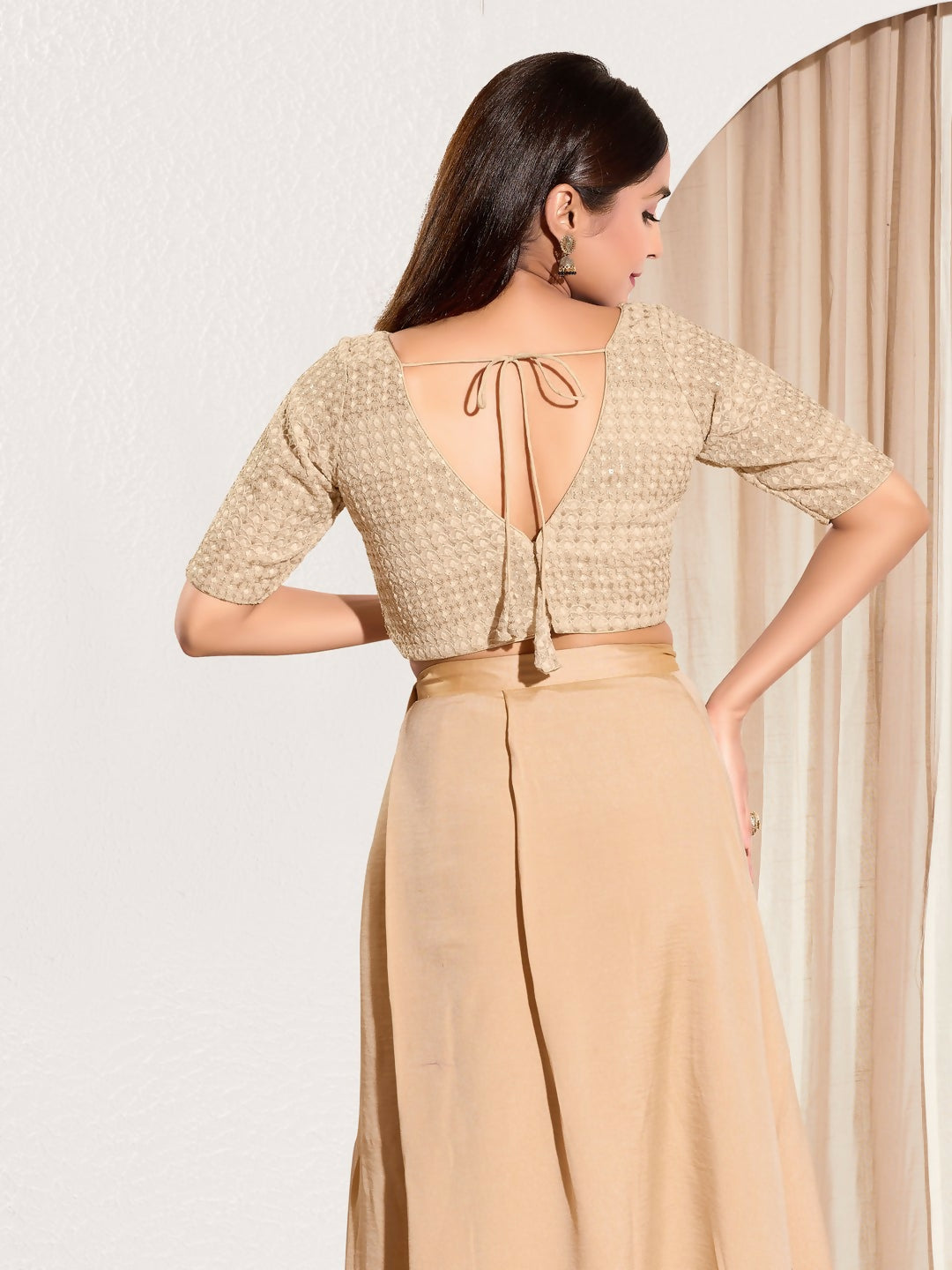 Joban Fashion Gold Crochet Padded Blouse With V Neck Elbow Sleeves - Distacart