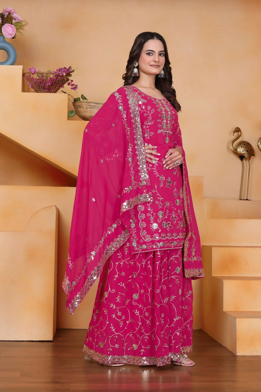 Teeya Creation Pink Color Faux Georgette Embroidery Work Wedding Wear Palazzo Set - Distacart