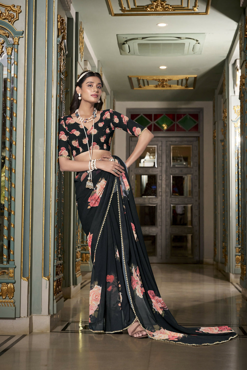 Vastranavya Black Spectacular Georgette Printed with Pearl Lace Saree with Unstitched Blouse - Distacart