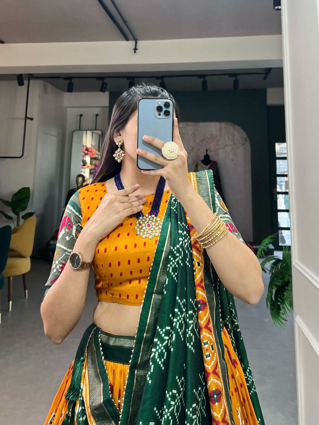 Vastranavya Traditional Ikkat Patola Print Tussar Silk Lehenga Choli - Mustard