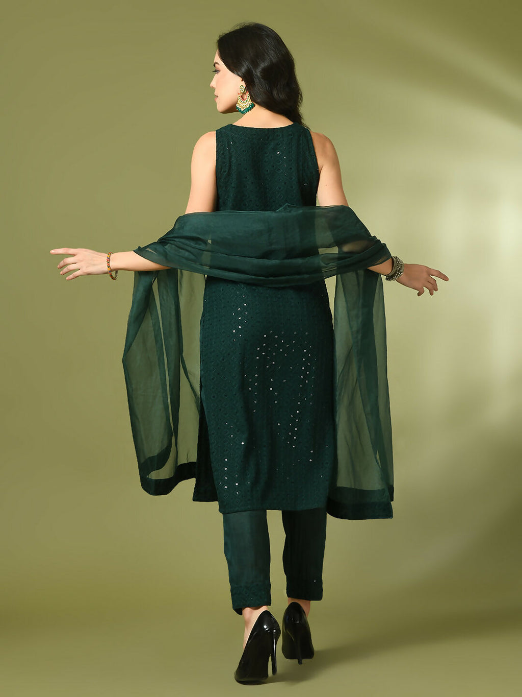 Myshka Women's Green Embroidered Cotton Straight Party Kurta Set With Dupatta
