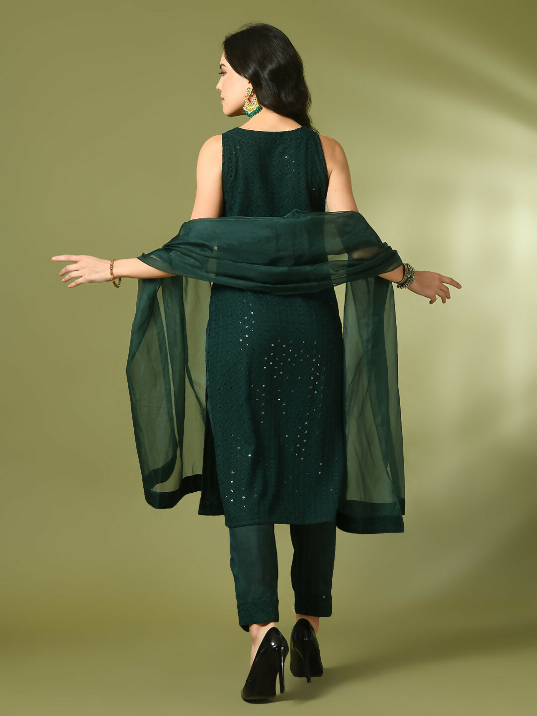 Myshka Women's Green Embroidered Cotton Straight Party Kurta Set With Dupatta